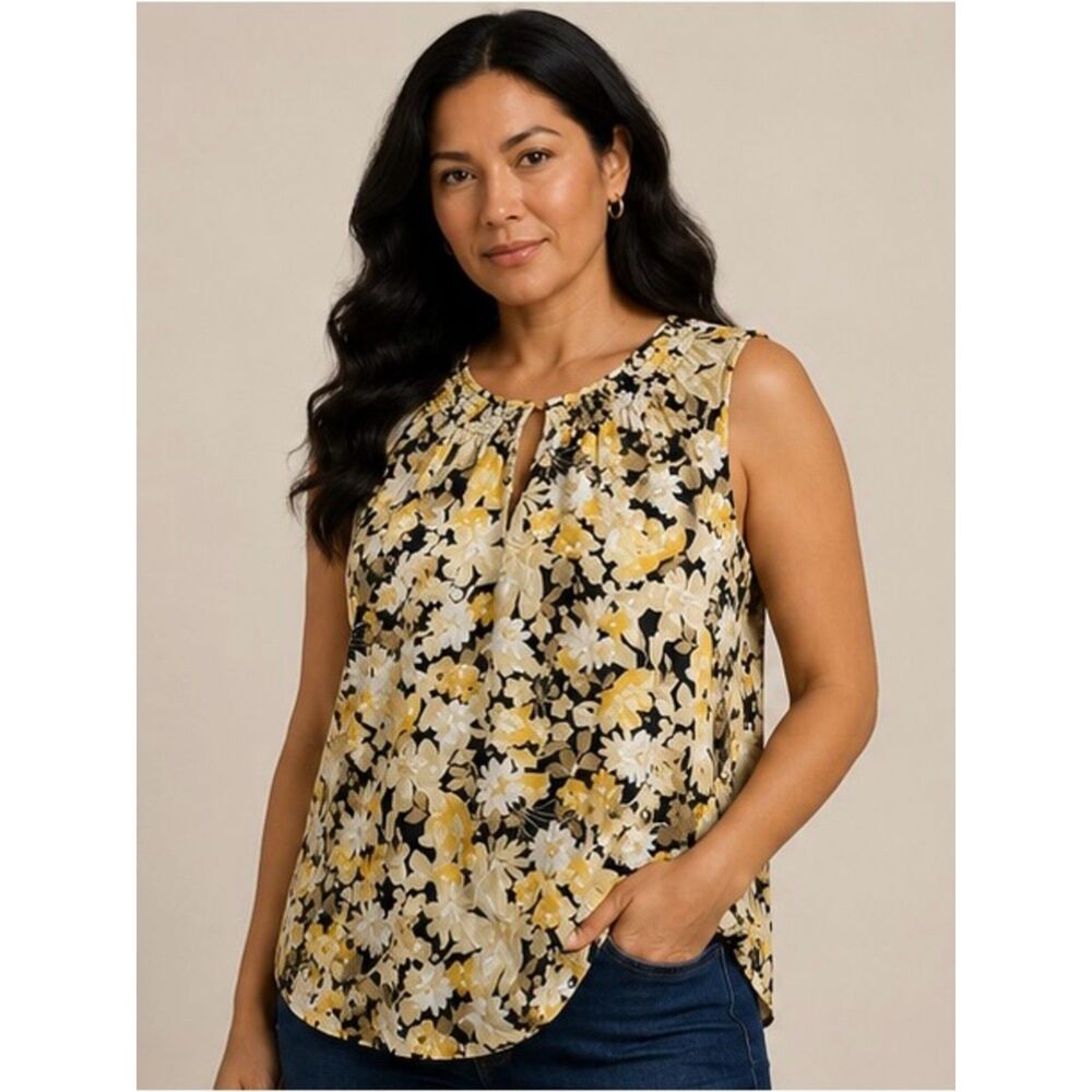 Croft & Barrow Yellow, Black and Cream Floral Sleeveless Tank Top - Size XXL